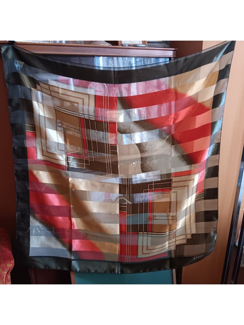Vintage Huge Korean Geometric Silk Scarf Multicolor Vintage Design Bold Stripes